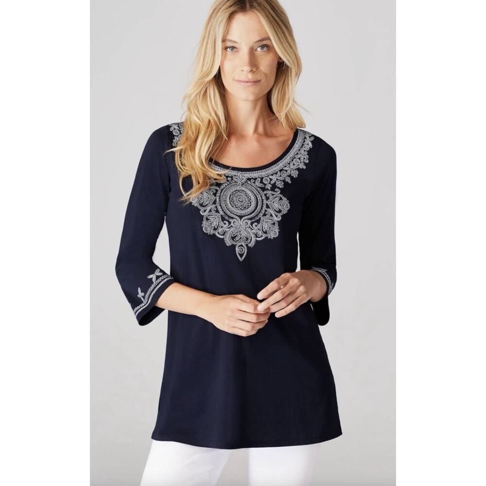 J Jill M Embroidered Navy Blue 3/4 Sleeve Top Round Neck Side Slits Boho Peasant